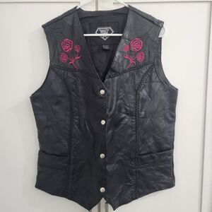Diamond Plate Buffalo Leather Womens XL Bike Moto Black Vest Rose Embroidery